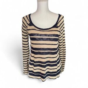 LUCKY BRAND STRIPED NAVY TAN LADIES LIGHTWEIGHT‎ SWEATER XS